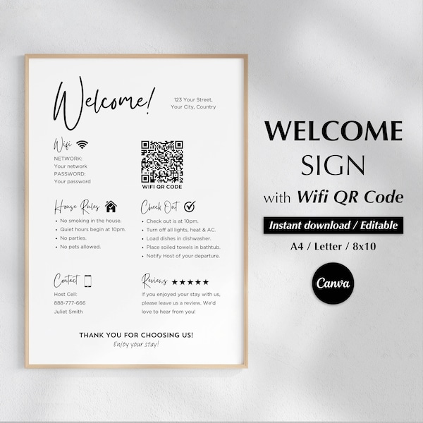 Welcome Sign for Airbnb, Guest Arrival Poster, VRBO Host Template, Vacation Rental Printable, House Rules, Wifi QR Sign, Editable Template