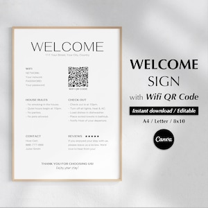 Puede incluir: Un cartel de bienvenida en blanco y negro con un código QR para el acceso a WiFi. El cartel incluye las reglas de la casa, las instrucciones de salida, la información de contacto y un espacio para comentarios. El cartel está etiquetado como "Cartel de bienvenida con código QR Wifi" y "Descarga instantánea / Editable".