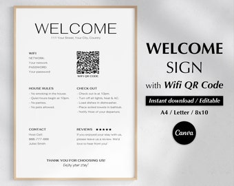 Welcome Sign for Airbnb, Guest Arrival Poster, VRBO Host Template, Vacation Rental Printable, House Rules, Wifi QR Sign, Editable Template