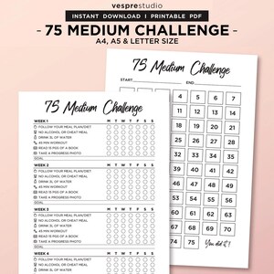 75 Medium Challenge, 75 Day Medium Challenge Tracker, 75 Day Challenge Printable, Habit tracker, Weight Loss Challenge, Fitness Journal, PDF