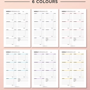 May include: Six printable weekly spending log templates in different colors. Each template has columns for Monday through Sunday, with sections for amount, total, income, expenses, balance, and notes.