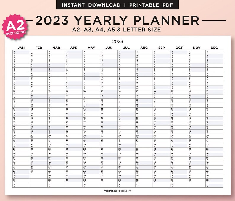 2023 Yearly Planner, Year at a Glance, Year Planner on 1 Page
