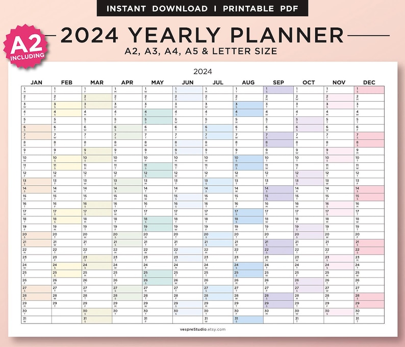 2024 Year Planner, Yearly Overview Printable, Year Planner on 1 Page