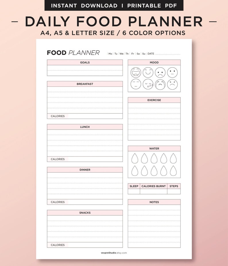 Daily Food Planner, Printable Daily Food Journal, Daily Food Diary ...