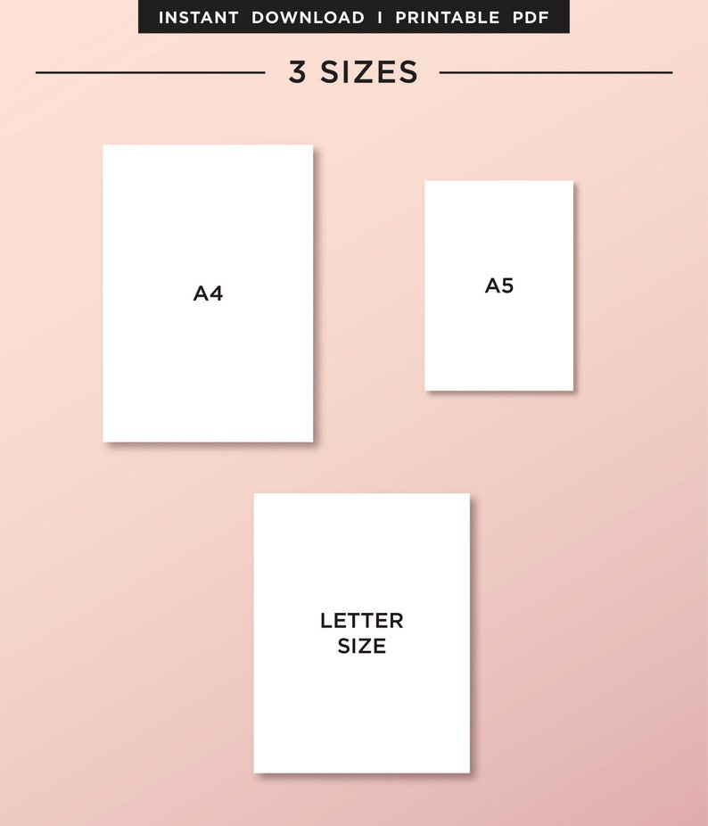 May include: Three blank white paper sheets in different sizes: A4, A5, and Letter size. The sheets are on a light pink background.