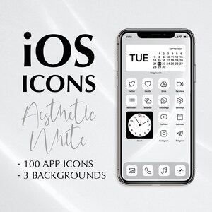 Puede incluir: Una maqueta de pantalla de iPhone con fondo blanco e iconos negros. Los iconos son para aplicaciones populares como Twitter, Salud, Drive, FaceTime, Recordatorios, Clima, WhatsApp, Ajustes, YouTube, Calendario, Reloj, Instagram y Telegram. El texto "iOS ICONS Aesthetic White" se muestra en la parte superior de la imagen. El texto "100 APP ICONS" y "3 BACKGROUNDS" se muestra en la parte inferior de la imagen.