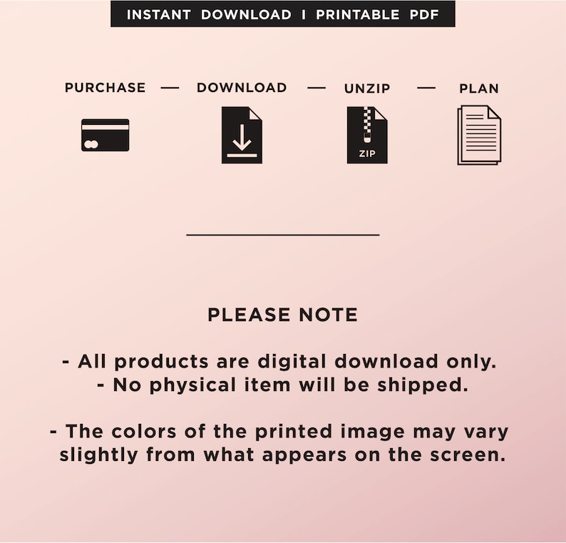 May include: A graphic illustration showing the steps to purchase a digital download. The steps are: purchase, download, unzip, and plan. The illustration includes icons for a credit card, a download arrow, a zipper, and a document.