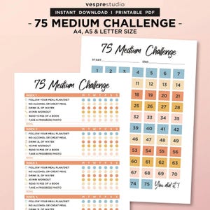 75 Medium Challenge, 75 Day Medium Challenge Tracker, 75 Day Challenge Printable, Habit tracker, Weight Loss Challenge, Fitness Journal, PDF