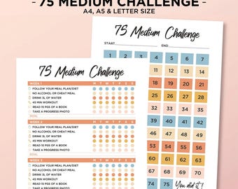 75 Medium Challenge, 75 Day Medium Challenge Tracker, 75 Day Challenge Printable, Habit tracker, Weight Loss Challenge, Fitness Journal, PDF