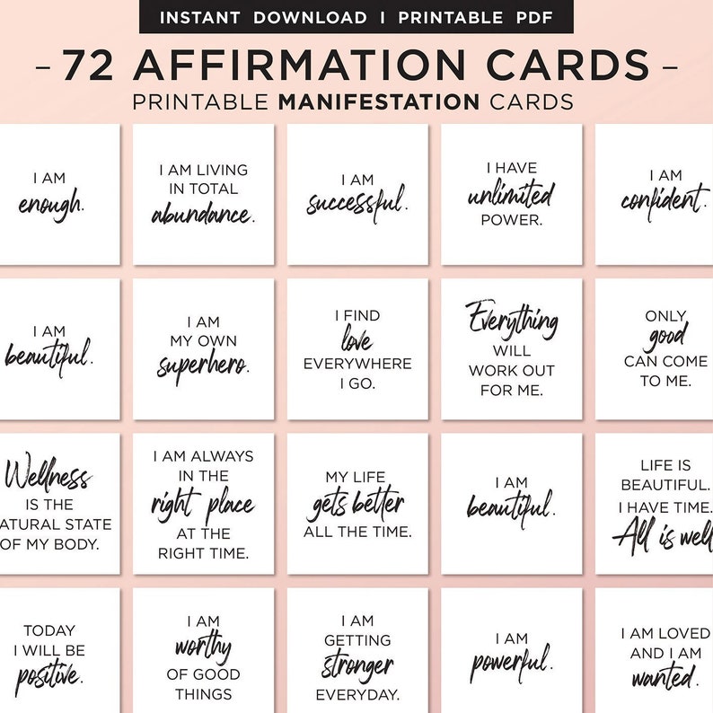 Puede incluir: Un conjunto de 72 tarjetas de afirmación imprimibles con mensajes positivos para el amor propio, la confianza en sí mismo y el éxito. Las tarjetas son blancas con texto negro y están dispuestas en una cuadrícula.
