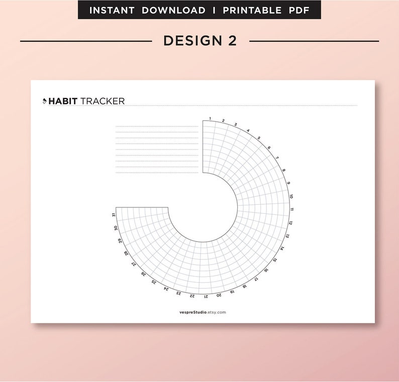 May include: A printable habit tracker with a circular grid divided into 30 sections. The grid is labeled with numbers 1 through 30. The tracker also includes a section for notes with lined paper.