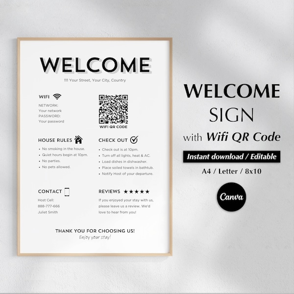 Welcome Sign for Airbnb, Guest Arrival Poster, VRBO Host Template, Vacation Rental Printable, House Rules, Wifi QR Sign, Editable Template
