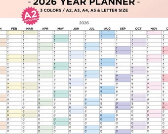2026 Year Planner, 2026 Year Wall Calendar, Minimalist Year At-A-Glance Planner, Minimalistic Calendar (PDF Download A2-A3-A4 Letter Size)