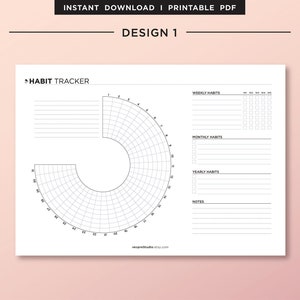 May include: A printable habit tracker with a circular chart for daily tracking, a section for weekly, monthly, and yearly habits, and a notes section. The text "HABIT TRACKER" is at the top of the page.