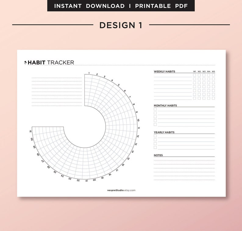 May include: A printable habit tracker with a circular chart for daily tracking, a section for weekly, monthly, and yearly habits, and a notes section. The text "HABIT TRACKER" is at the top of the page.