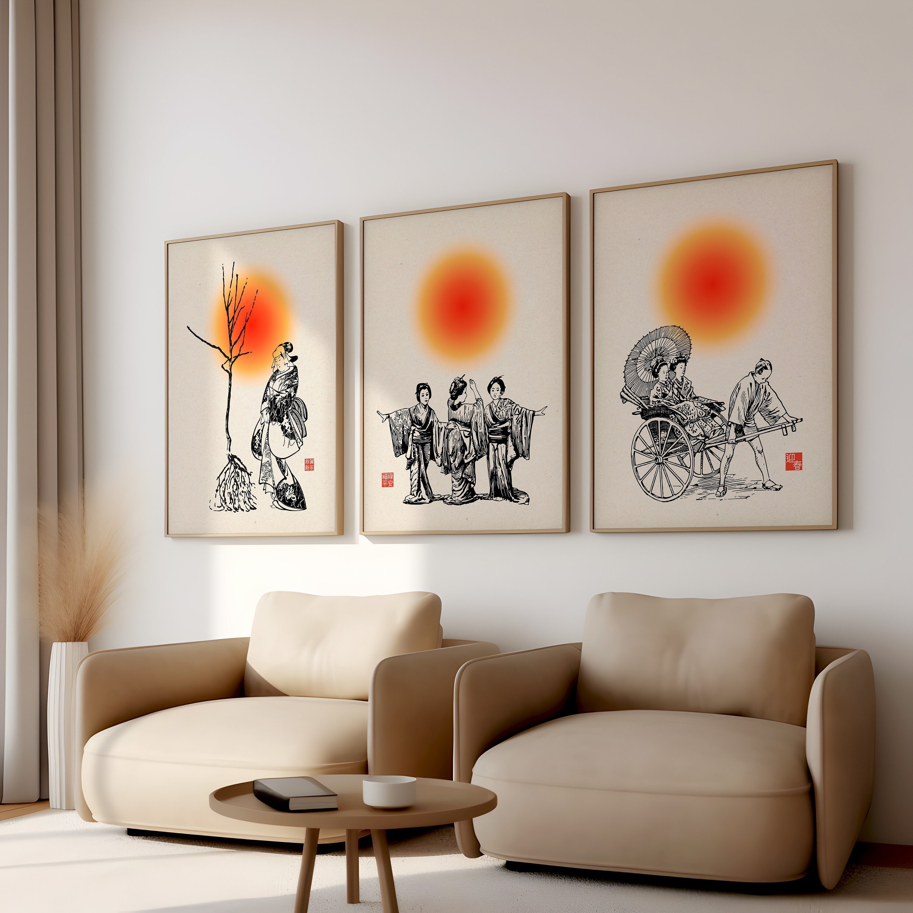 Japandi Wall Art for Living Room Set of 3 Digital Vintage Japanese ...
