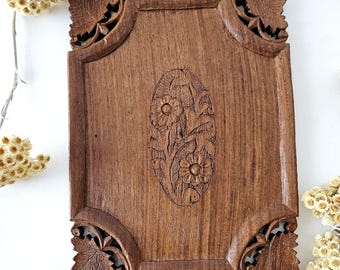 Hand-Carved Wooden Floral Tray: Boho Rustic Home Decor