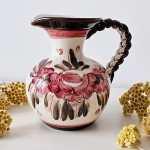 Vintage Italian Hand-Painted Woven Handle Jug, Rustic Ceramic Pitcher