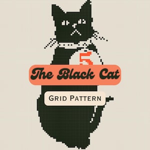 以下が含まれることがあります： グリッドパターンで描かれた黒猫のイラスト。オレンジ色のバナーに「The Black Cat」の文字。猫は白い首輪をしており、胸には数字の「5」があります。「GRID PATTERN」の文字がバナーの下にあります。