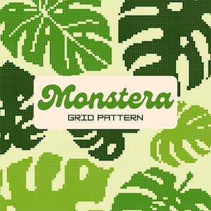 Puede incluir: Un patrón pixelado verde y blanco de hojas de Monstera. El texto "Monstera Grid Pattern" está en el centro de la imagen.