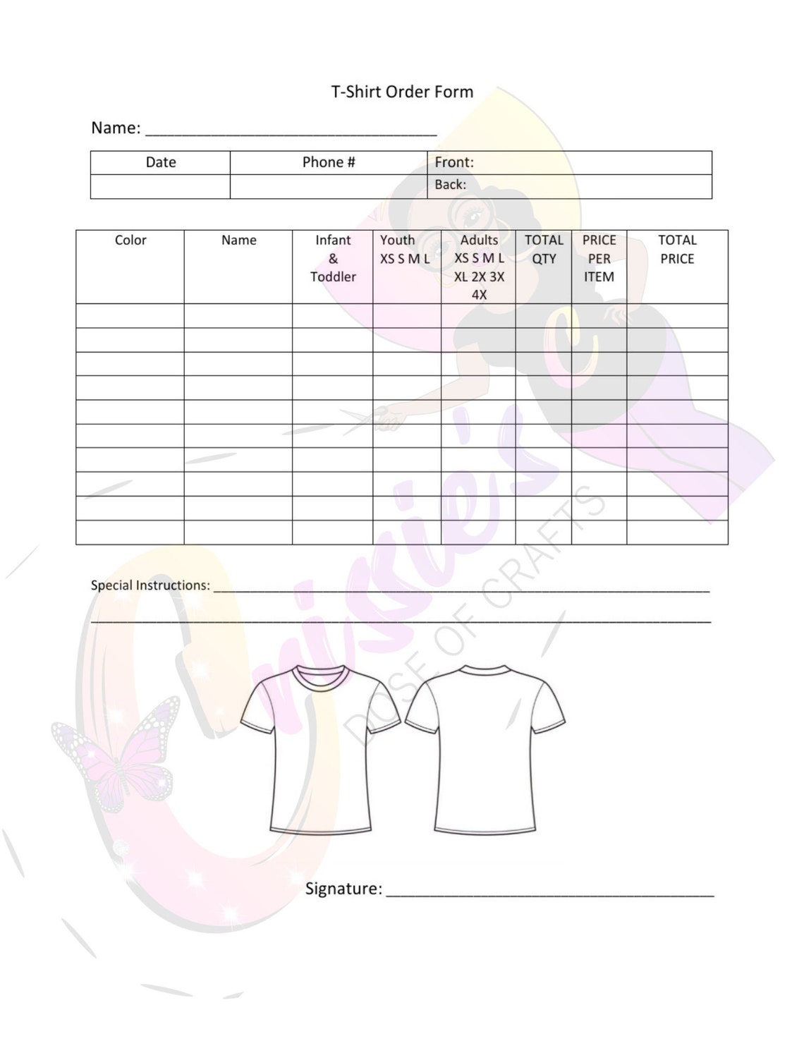 T-Shirt Order Form Template Printable