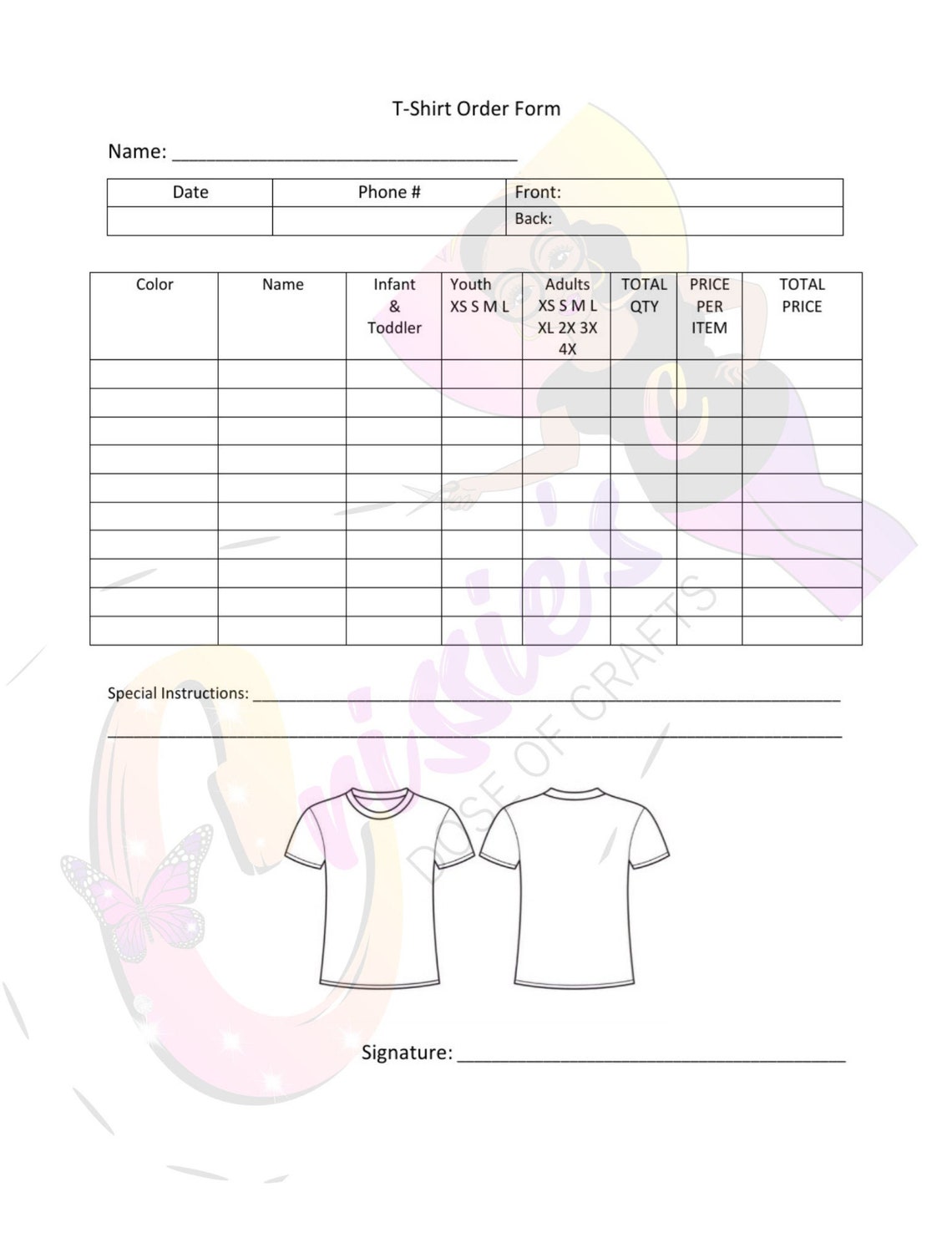 Printable T Shirt Order Form Template