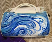French Connection Handbag - genuine. Custom Hand-painted, handbag, white leather, art work, wave design or castle looking over a beach