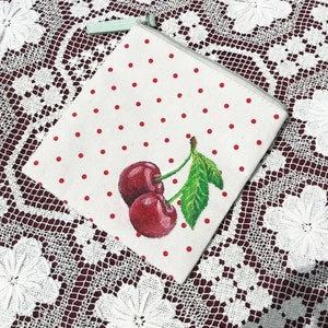 Polka dot double cherry makeup bag, one of a kind hand-painted cosmetics bag with fruit design