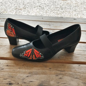 One of a kind hand-painted butterfly shoes, size 8 1/2, acrylic-painted monarch butterfly pumps