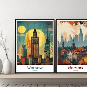 Warschau Polen Poster Reisedruck Polen Warschau Leinwand Poster Stadtbild Kunst Designer Wand Polen Warschau Retro Geschenk Illustration