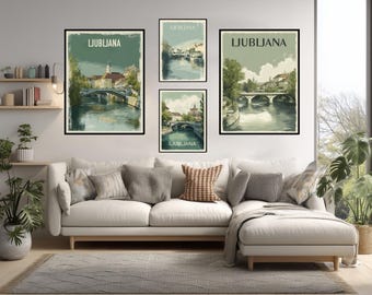 Póster minimalista de viaje de Liubliana, arte mural vintage de Eslovenia con río y puentes, ilustración retro moderna en suaves tonos pastel.