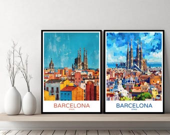 Barcelonas skyline Spanien Poster Resetryck Sagrada Família Poster Park Güell Canvasväggposter Stadslandskap Designer Retro Illustration Dekor