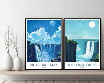 Pôster de viagem das Cataratas Vitória, Zâmbia, impressão em tela do Rio Zambeze, pôster de parede, paisagem urbana, presente de designer, ilustração da Zâmbia, decoração