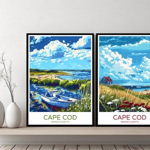 Póster de viaje de Cape Cod, Massachusetts, con puesta de sol en el océano Atlántico, lienzo para pared, paisaje urbano, regalo de diseñador, ilustración de EE. UU., decoración