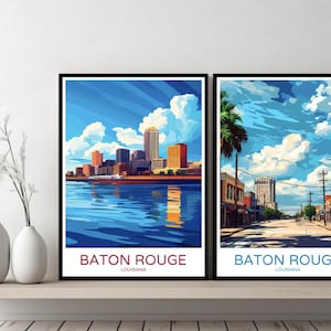 Baton Rouge Louisiana Poster Travel Print Baton Rouge Mississippi River Canvas Wall Poster Cityscape Designer Gift USA Illustration Decor