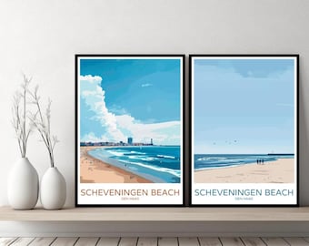 Scheveningen Beach Den Haag Poster da viaggio Stampa Scheveningen Beach Canvas Poster da parete Paesaggio urbano Designer Regalo Paesi Bassi Illustrazione Decor