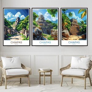 May include: Three framed prints of colorful illustrations of ancient Mayan ruins in Chiapas, Mexico. Each print features a different view of the ruins, with lush greenery and blue skies in the background. The prints are all titled "CHIAPAS, MEXICO".