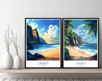 Lanai Hawaii affiche voyage impression Lanai Island plage paysage toile affiche murale paysage urbain designer cadeau Hawaii USA Illustration déco