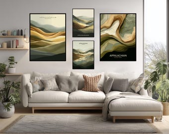 Appalachian Mountains Abstract Poster Modern Topographic Map Art Olive Green Copper Cream Geometric Wall Print Minimal Design