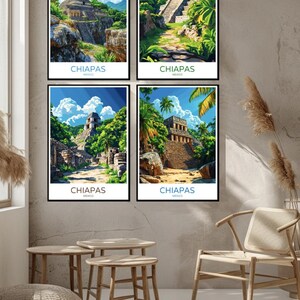 May include: Four framed prints of a Mayan temple in Chiapas, Mexico. Each print features a different perspective of the temple, with lush green foliage surrounding it. The prints are all in a black frame and have a white background with the text "CHIAPAS MEXICO" at the bottom.