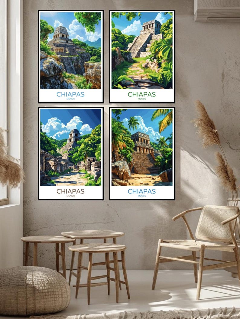May include: Four framed prints of a Mayan temple in Chiapas, Mexico. Each print features a different perspective of the temple, with lush green foliage surrounding it. The prints are all in a black frame and have a white background with the text "CHIAPAS MEXICO" at the bottom.