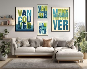 Poster di viaggio tipografico di Vancouver, Canada, stampa artistica da parete in stile retrò moderno, design minimalista dello skyline della città per l'arredamento di casa o ufficio.