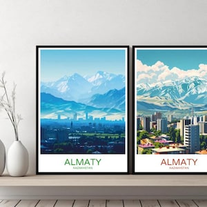 Affiche paysage urbain d'Almaty, Kazakhstan, impression de voyage, affiche murale en toile Scyline d'Almaty, cadeau de designer de paysage urbain, déco du Kazakhstan