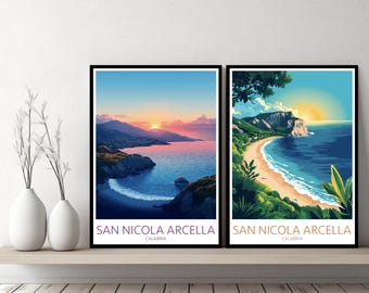 San Nicola Arcella Beach Poster Travel Print Calabria Italy Cosenza Canvas Vintage & Modern Wall Art Prints for Home Gift Illustration