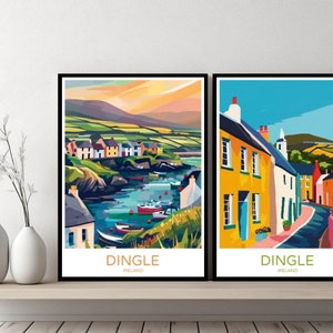Póster de viaje de Dingle, Irlanda, Kerry, península de Dingle, costa atlántica, lienzo, póster de pared, paisaje urbano, diseñador, ilustración retro, decoración