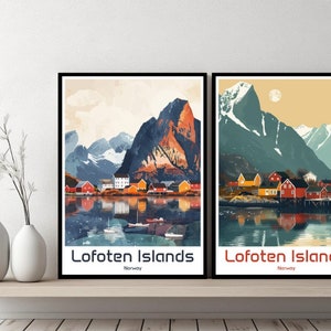 Islas Lofoten Noruega Cartel Impresión de viaje Noruega Lofoten Lienzo Cartel Paisaje urbano Diseñador de arte Pared Noruega Retro Ilustración de regalo