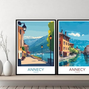 Annecy France Poster Travel Print Lake Annecy Auvergne-Rhône-Alpes Canvas Wall Poster Cityscape Designer Gift France Illustration Decor