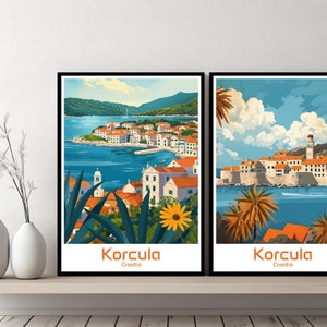 May include: Two colorful illustrations of the town of Korcula, Croatia. The first image shows a view of the town from the water, with lush green foliage in the foreground. The second image shows a view of the town from the land, with a tall tower in the center.