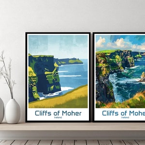 Cliffs of Moher Irland Poster Reisedruck Irland Cliffs of Moher Leinwand Poster Stadtbild Designer Wand Irland Retro Geschenk Illustration