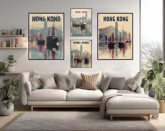 Poster di viaggio vintage di Hong Kong, skyline minimalista retrò, Victoria Harbour, giunca, arte murale